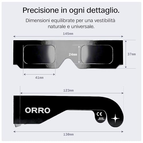 ORRO Solar Eclipse Glasses 37 mm, Pack of 2/6/12/50, Black, Certified Eye Protection, Tested EN ISO 12312-2:2015, CE Marking for Direct Solar Observation - Classic Fit