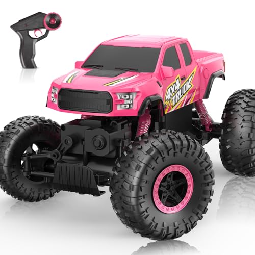 Double E Raptor F150 RC Car 4WD 2 Motors Monster Trucks for Girls, 11 Inches Off Road Crawler Vehicle Truck Toy with Rechargeable Battery Gift for Kids 6 7 8 9 10 11 12 Years-Pink