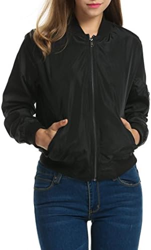 Hufcor Womens Classic Solid Biker O-Neck Zip Up Bomber Flight Jacket Coat