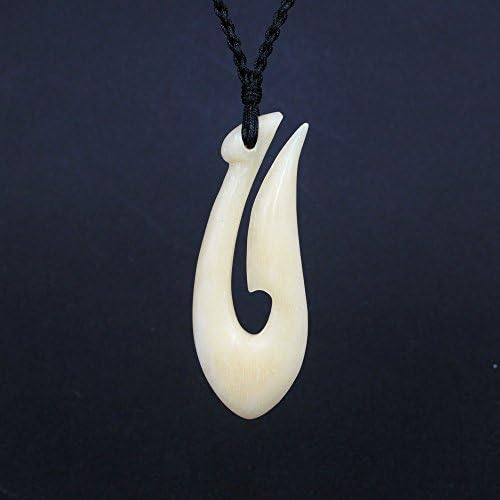 Xkchief Maori Necklaces Hei Matau Cow Bone Pendant (5-2cm), 16" +8" Extender