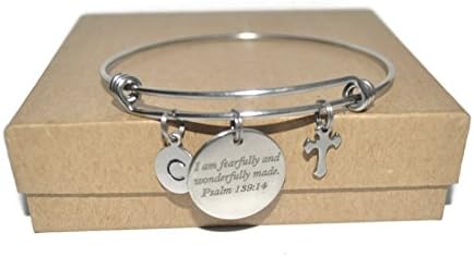 Psalm scripture fearfully made cross and initial stainless steel expandable initial bracelet