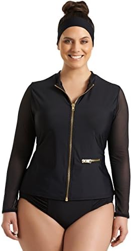 Timothy Snell Women's Plus Size Harper Mesh Front Zip Rashguard - Ladies' Long Sleeve Swimwear Top