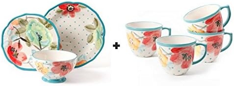 BUNDLE - The Pioneer Women Flea Market Vintage Bloom 4-Piece 16 oz Coffee Cup + 12-Piece Decorated Dinnerware Set