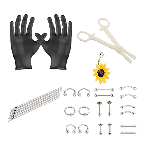 IPINK 32 Pieces Body Piercing Kit Needle 14G Sunflower Belly Button,Septum, Eyebrow, Nipple, Lip, Nose