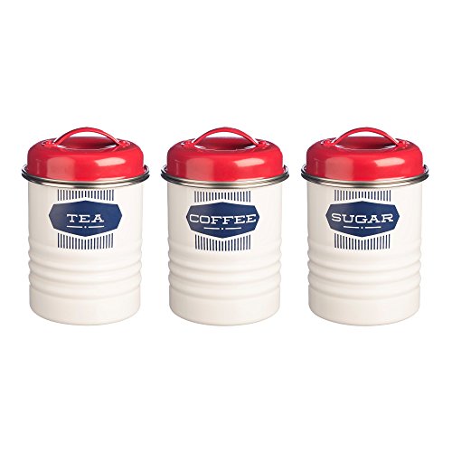 Typhoon Belmont Color-Coated Steel Tea, Coffee, Sugar Storage Set, Set of 3, White, Red, Blue