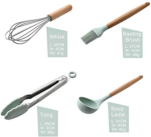Silicone Cooking Utensils Set by EVULAN – 12 Pieces Natural Wooden Handles Kitchen Cooking Tools with Spatulas for Non Stick Cookware – Silicone Kitchen Utensil Set and Heat Resistant Spatulas