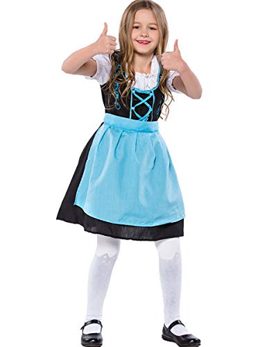 MYRISAM Girls Bavarian Oktoberfest Costumes Dirndl Dress with Apron Beer Maid Fancy Dress Carnival Halloween Costume Blue 8-9T