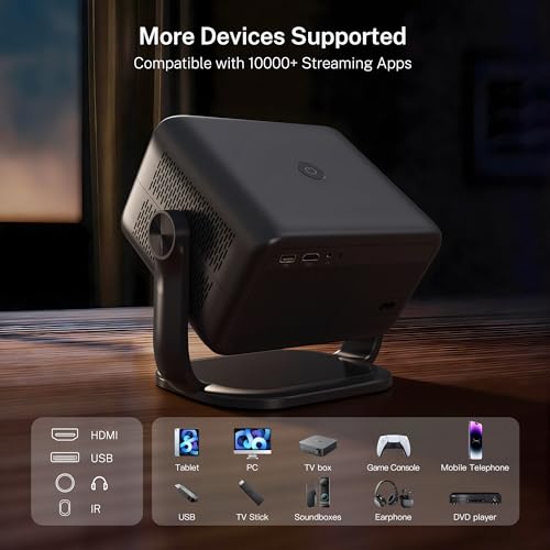 1080P Native 800 ANSI Smart Projector, Android 14, Supports 4K/8K, Air Mouse Remote Control, AI Auto Focus and Correction, WiFi 6 and BT 5.4, Hi-Res Audio, Netflix Compatible