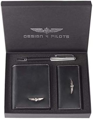 Design 4 Pilots Aviation Wallet Set with Pen and Key case Plus a Gift Box, Pilot Gift