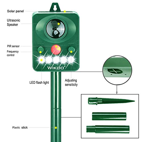 Wikoo Ultrasonic Animal Repeller ,Solar Powered Repeller,Activated with Motion,Ultrasonic and Flashing LED lights Outdoor Waterproof Repeller for Dogs,Cats,Foxes,Mice,Birds,Skunks,Etc.