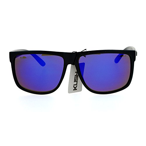Kush Flat Top Plastic Rectangular Mirror Lens Gangster Sunglasses Matte Black Blue