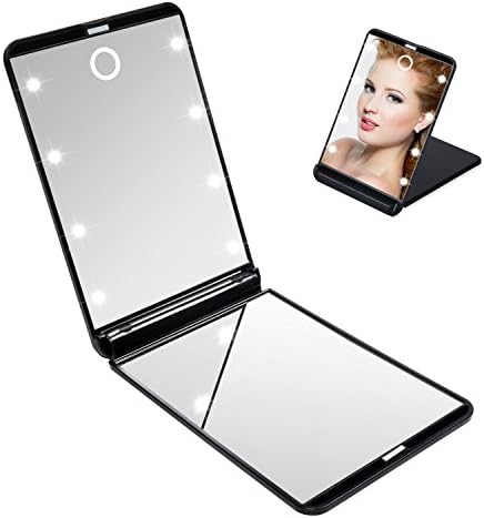 Tobbiheim Makeup Compact Mirror with 8 Dimmable Led Lights, Travel Compact Mirror for Purse with Touch Switch, Portable Folding Cosmetic Mirror Adjustable Brightness Magnification Mirror