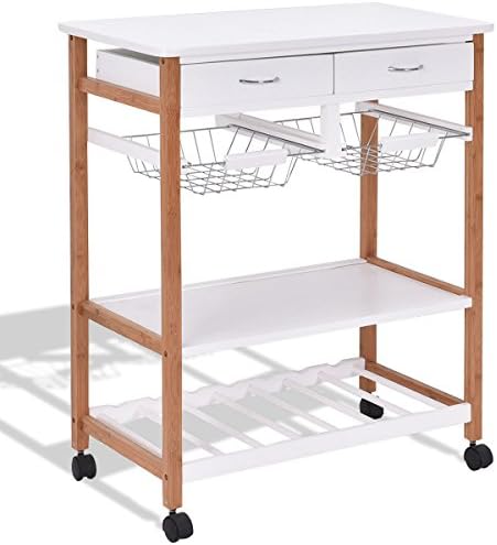 MyEasyShopping Cart Island Rolling Kitchen Trolley Storage Wood Rack Drawers Cabinet Utility Table Top Wine Shelf W Drawer Dining Shelves