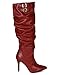 Breckelles BE53 Women Leatherette Slouchy Pointy toe Calf High Mid Stiletto Heel Riding Boot - Red