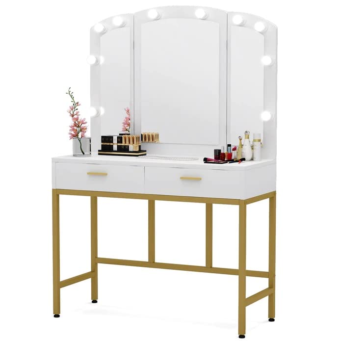 Tribesigns Vanity Table with TriFolding Lighted Mirror, Elegant Makeup