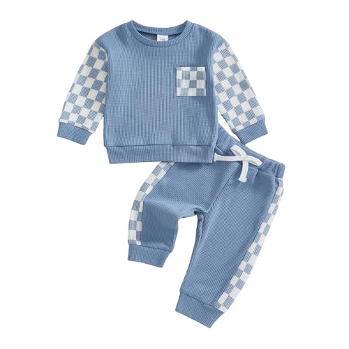 Sejardin Toddler Baby Boy Waffle Clothes Contrast Color Fall Winter Outfit Long Sleeve Sweatshirt and Stretch Pants 2Pcs Set (Plaid Blue, 18-24 Months) at Amazon