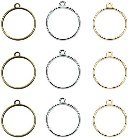 Fciqven 30 Pcs Round Open Bezel Pendant for DIY Resin,Jewelry Making,Hollow Frame Pendant with 1 Loop - Gold&Silver&Bronze
