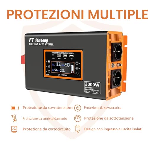 2000W/4000W inverter 12v 220v onda pura , pure sine wave inverter con 3 porte USB e 2 presa standard europea, adatto per attività all'aperto, viaggi, alimentazione di emergenza
