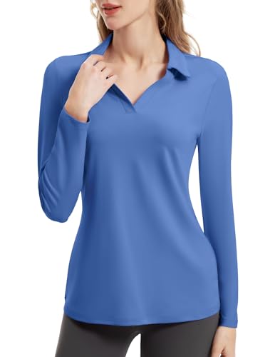 FKEEP Women's Tennis Golf Shirt Long Sleeved Top Sport Activewear V-Neck Workout Athletic (Blue, XXL)