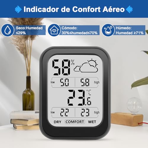 Termómetro Higrómetro Digital, Monitor de Temperatura y Humedad para Interior Exterior con Pantalla LCD Grande, ℃/℉Conmutable, Termómetro de Habitación para Humidificador y Climatización Hogar Oficina