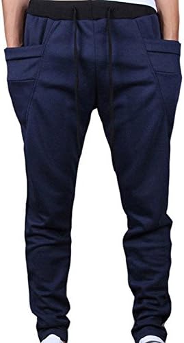 TOP HERE Men's Drop Crotch Funnel Pockets Drawstring Harem Pants Casual Jogging Sweatpants Running Trousers X-Large Navy
