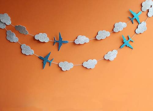WANFULDA Clouds&Planes Banners Hanging Garland Decorations Blue Baby Showers Kids Birthday Event Supplies