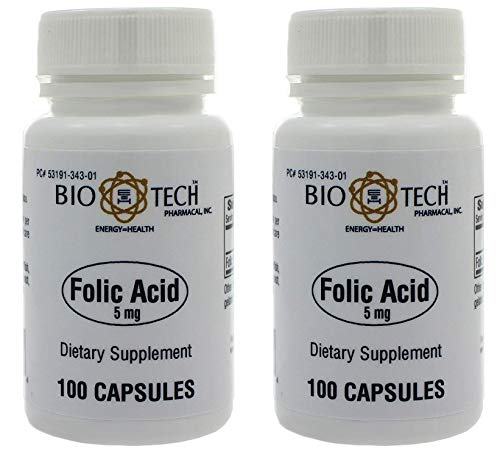 Folic Acid 5mg - BioTech Pharmacal - 100 Capsules - Pack of 2 Bottles by BioTech Pharma