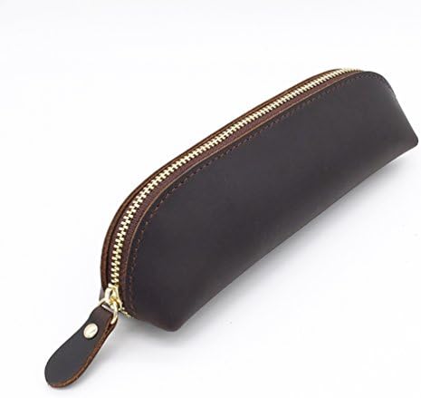 KELO Hand Made Colorful Genuine Leather Pen&amp;Pencil Bag Zipper Coins Storage Stationery Holder Cosmetic Bag Unisex-coffee