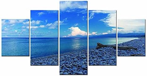 Heronear Art - Blue Sky 5 Panels Modern Landscape Artwork HD Seascape Giclee Canvas Prints Sea Beach Pictures to Photo Paintings on Canvas Wall Art for Living Room Bedroom