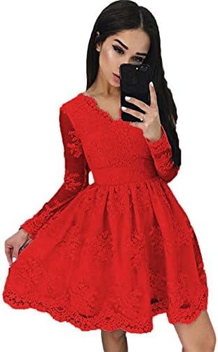 Elleybuy Women's Long Sleeves V Neck Prom Dresses Short Lace A-Line Homecoming Dress US4