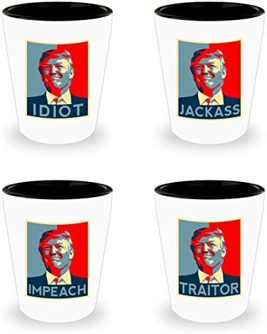Anti Trump 1.5oz Shot Glass Set - Funny Democrat Gift 11oz White &amp; Black Ceramic Shooter. Excellent Political Present for Birthdays Anniversaries. Set of 4. Resist!