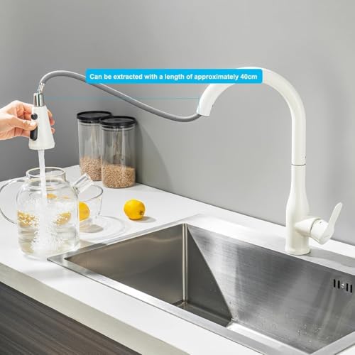 ONECE White Kitchen Tap with Pull-Out Shower Head 3 Modes, Single Lever Sink Mixer Tap 360° Rotating, Extendable Taps, 304 Stainless Steel, Removable Aerator