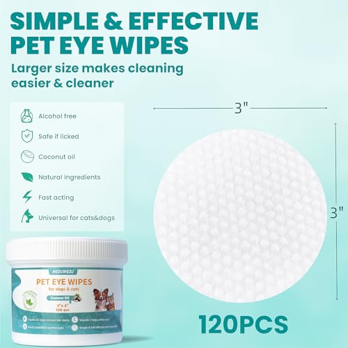 MEDUWEDU EYES WIPES FOR DOGS & CATS 120 COUNTS, GROOMING KIT CARE FOR DOGS AND CATS, PREVENT TEAR STAINS, EYE DEBRIS, DISCHARGE, MUCUS SECRETIONS, MINT SCENT