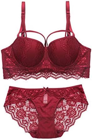 WEATLY Women's Push Up Bra Set Soft 3/4 Cup Lace Unlined Balconette and Underwear Set (Color : Red, Size : 34C)