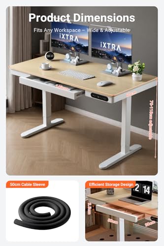 IXTRA Standing Desk with Drawer 140x60cm Whole Piece Tabletop Electric Standing Desk, Height Adjustable Desk with USB Charging Ports, Sit Stand Desk with Storage for Home & Office Maple