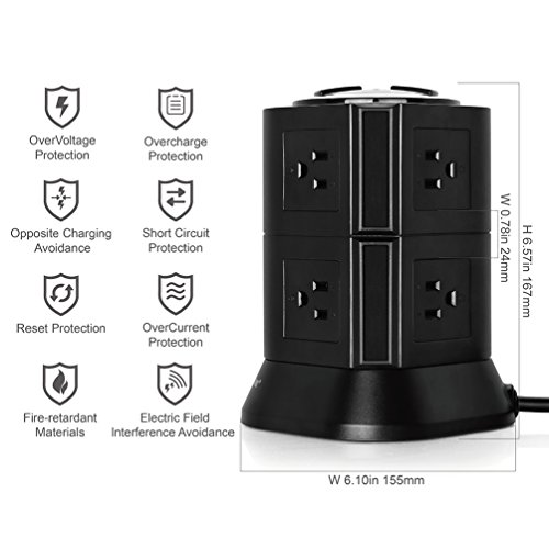 Power Strip Surge Protector 8 Multi Outlets with Overload Protection 3 Prong Plug Multiple Vertical Tower Charging Station with Copper Extension Cord for Home& Office & Workshop-Safemore-Black