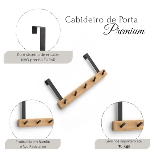 Cabide de Porta em Bambu e Aço, 5 Ganchos, Sem Furos, 34 cm x 17 cm, Organizador para Roupas e Acessórios (Preto)