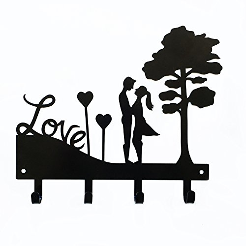 Love Couple Key Holder | Key Holder for Wall | Key Rack Organizer for Entryway and Kitchen - Wall Mount | Housewarming Gift | 4 hook key holder | Black metal key hanger