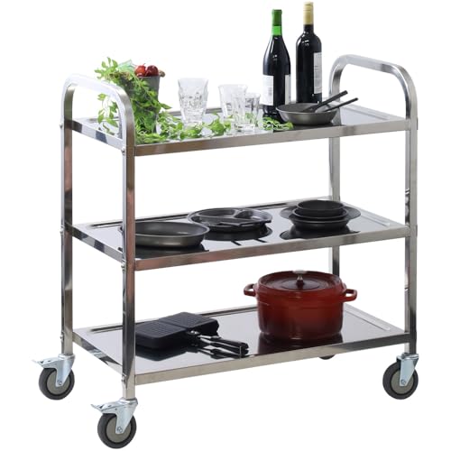 Japard Stainless Steel Table Cart with Wheels - 3 Tier Food Rolling Utility Cart Stainless Steel Storage Shelf for Kitchen Work Hotel Bar Home Party