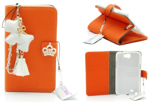 ZZYBIA® NOTE II PD w Orange Leatherette Stand Case Card Holder Wallet with White Dog Fringed Dust Plug Charm for Samsung Galaxy Note 2 II N7100 N7105