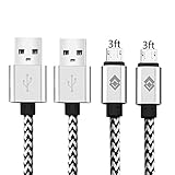 Micro USB Cable,[2-Pack] 3''ft/1m Premium Durable Nylon Braided Tangle-free High Speed Data Sync Charger cord with Aluminum Heads for Android Samsung HTC Motorola LG Sony Blackberry and More (silver)