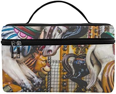Merry-go-Round Wooden Horses Large Capacity Size Lady Cosmetic Bag Makeup Organizer Lunch Box Train Toiletry Case for Girls Teen Women Travel with Clear Zipper and Single Layer