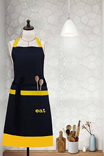 Milano Home "Eat" Embroidered 100% Cotton Professional Apron for Men &amp; Women with Adjustable Neck &amp; Centre Pockets Perfect for Cooking BBQ Baking Full in Length - Yellow