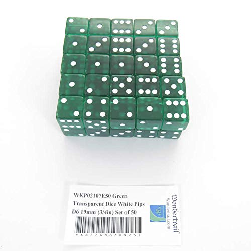 Green Transparent Dice with White Pips Square Corners D6 19mm (3/4in) Set of 50 Wondertrail