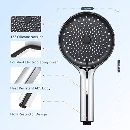 Baytion Stainless Steel Handheld Shower Head Set, 5.12in, 3 Spray Settings, Polished Chrome