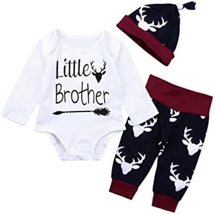 Jchen(TM) for 0-18 Months Fashion Newborn Infant Baby Boy Letter Little Brother Arrow Print Long Sleeve Tops+Deer Print Pants+Hat Outfits 3PCS Summer Autumn Clothes Set (Age: 12-18 Months)