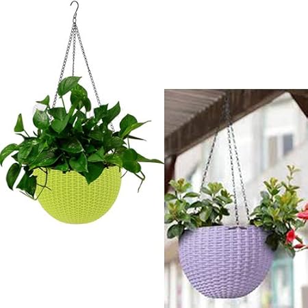Antier (Green and Purple) 2 pcs Round Plastic Resin Chain Basket Hanging Planter Hanging Flowers and Plants,Growers