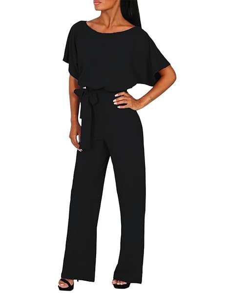 BBKKUCK WOMENS ELEGANT FORMAL ROMPERS DRESSY WIDE LEG LONG PANTS JUMPSUITS TIE WAIST BELTED WEDDING GUEST JUMPERS, LARGE, 3-BLACK