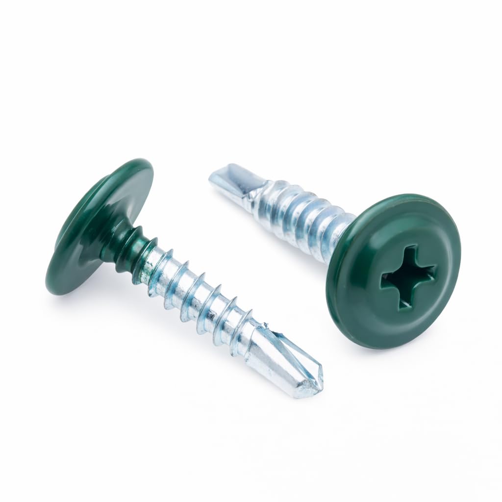 4.2 mm x 19 mm Multi-color Self-tapping, Self-drilling Montage Screws Phillips, Fine Thread and Flat Head, Powder Coated RAL6028 Pine green, Hardened Steel Screws for Thin Steel Parts (250 pcs)