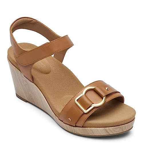 Rockport Women’s Briah 2 Two-Band Wedge Sandal, TAN Leather, 8.5 Wide